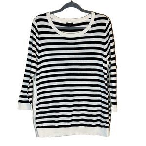 Talbots Nautica Sweater Size L Crocheted Sides Black White Stripe Cotton Sweater